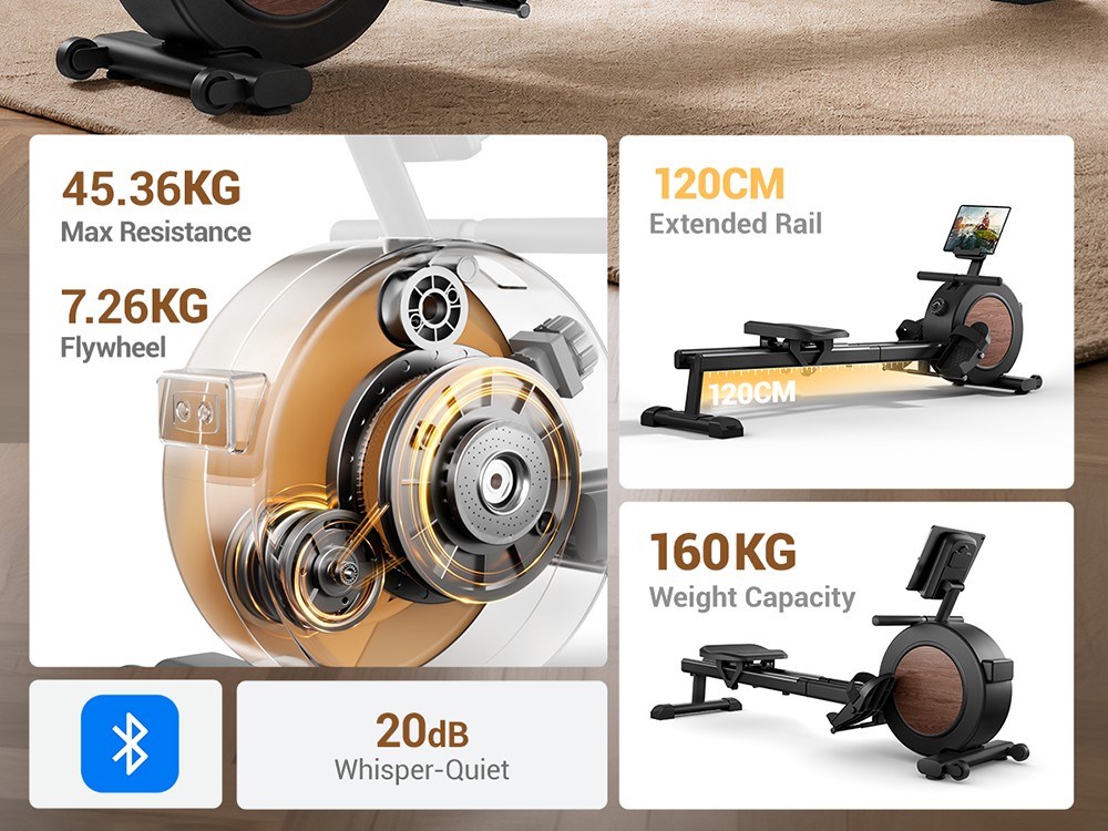 ROBORE RW505 mágneses evezőgép, 16 fokozatú elektromágneses ellenállás, nagy teherbírású lendkerék, 120 cm-es meghosszabbított csúszósín, Bluetooth kapcsolat, LCD monitor, <20dB csendes működés, 160 kg maximális terhelhetőség