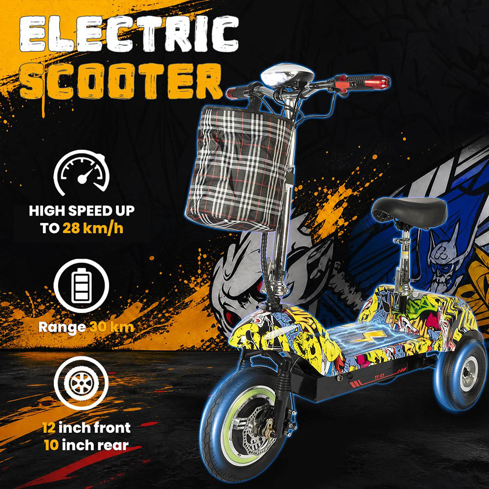 Trottinette électrique TWOFISH TF03 avec selle amovible, moteur 350 W (500 W en crête), batterie 48 V 15 Ah, pneus avant 12 pouces et arrière 10 pouces, vitesse maximale 28 km/h, autonomie 30 km, freins à disque, suspension avant à ressort - Motif graffiti jaune