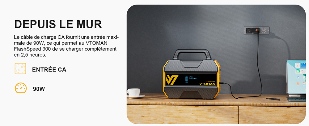 VTOMAN FlashSpeed 300 Station d'alimentation portable, batterie LiFePO4 de 230Wh, sortie AC de 300W, puissance de pointe de 600W, 7 ports, entrée/sortie USB-C de 100W, 3 ports USB-A, sortie DC de 12V/10A, entrée DC de 90W