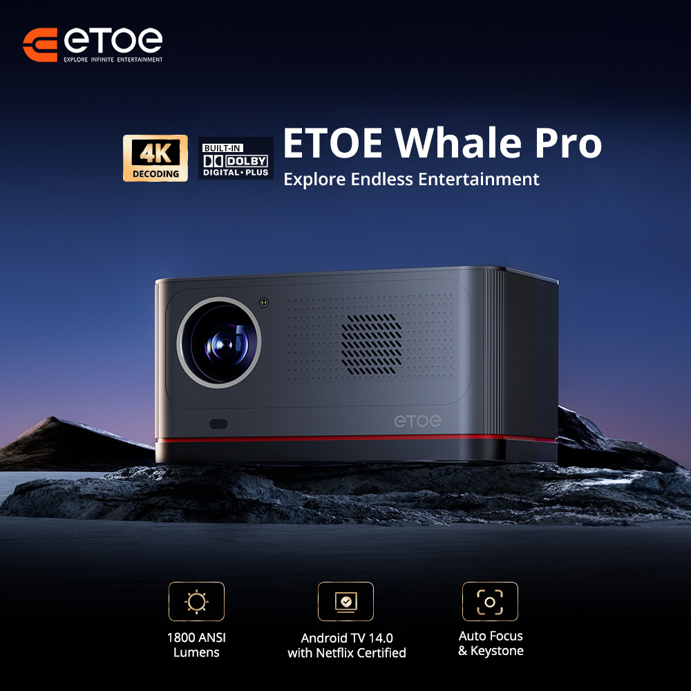 Refurbished ETOE Whale Pro 1800 ANSI Projector, Native 1080P, 4K Decoding, WideVine L1, Auto Focus & Auto Keystone Correction, 2*10W Stereo Speakers, Dual-Band Wi-Fi