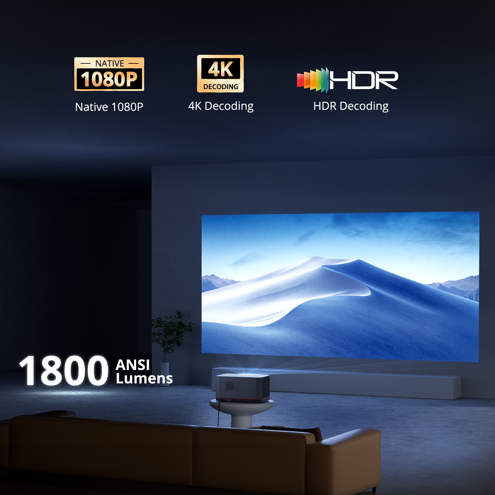 Refurbished ETOE Whale Pro 1800 ANSI Projector, Native 1080P, 4K Decoding, WideVine L1, Auto Focus & Auto Keystone Correction, 2*10W Stereo Speakers, Dual-Band Wi-Fi