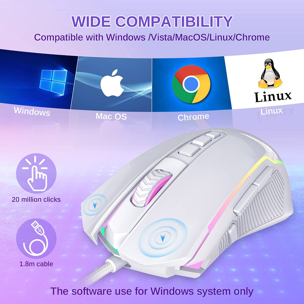 Refurbished Redragon M910-W Wired Gaming Mouse, 8000 DPI, 9 Programmable Buttons + Rapid Fire, RGB Backlight - White