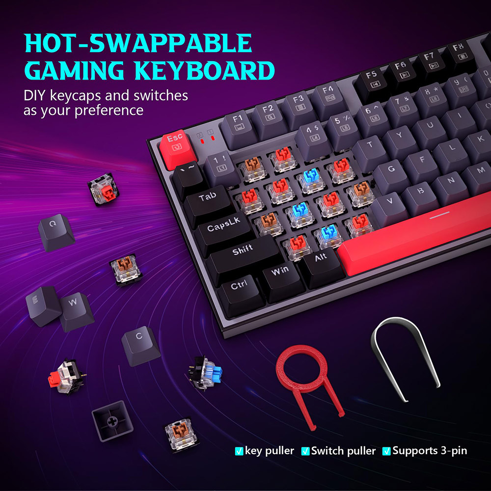 Redragon K636GLR-R Mechanical Keyboard, 94-Key with NumPad, Rainbow Backlight, Red Switch, US Layout - Black+Gray