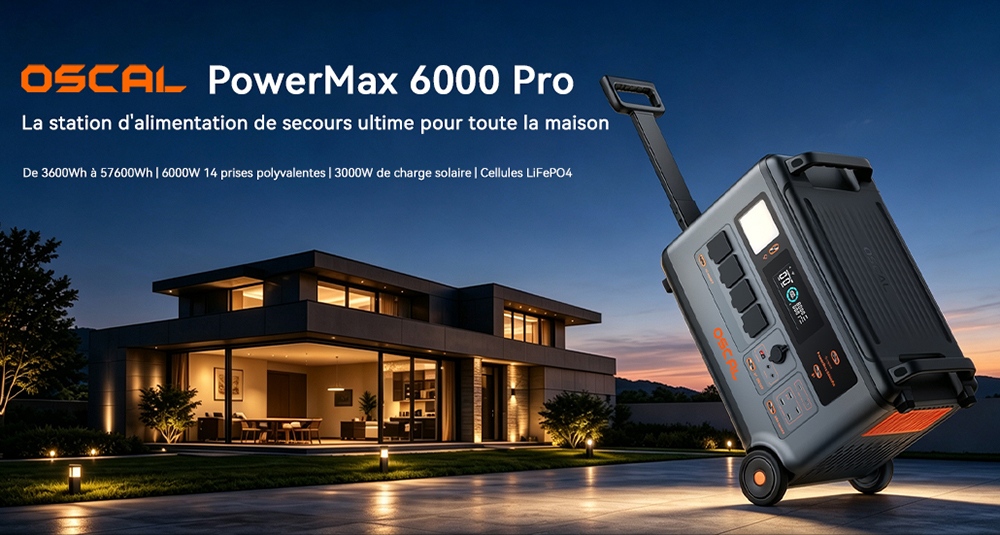 Oscal PowerMax 6000 Pro Station d'alimentation portable, Batterie LiFePO4 3600Wh, Extensible jusqu'à 57600Wh, Sortie à Onde Sinusoïdale Pure de 6000W, Puissance de Crête de 9000W, 14 Sorties, Entrée Solaire de 3000W, 3500+ Cycles, UPS