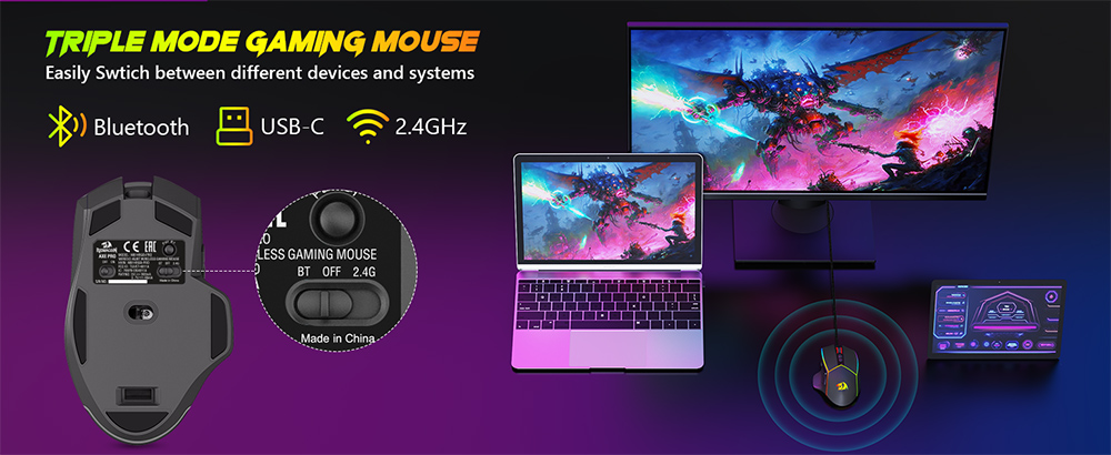Refurbished Redragon M814RGB-PRO Dual-Mode Gaming Mouse, 2.4GHz Wireless & USB-C Wired, 8000 DPI, 9 Programmable Buttons + Rapid Fire, RGB Backlight