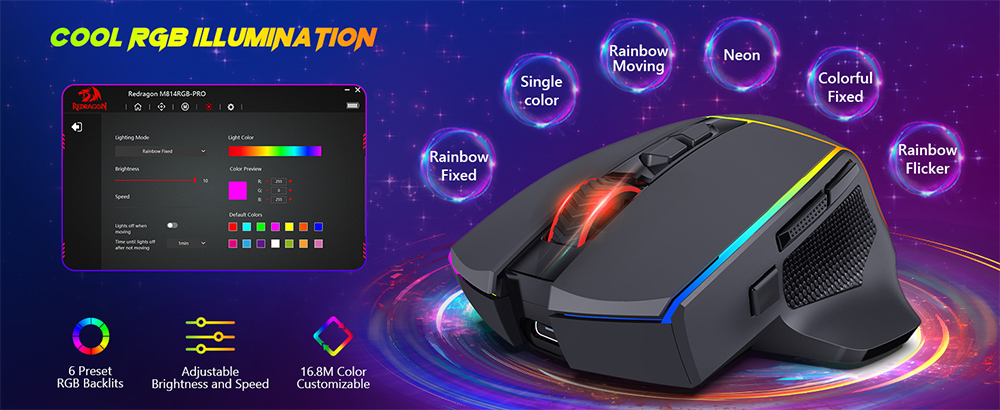 Refurbished Redragon M814RGB-PRO Dual-Mode Gaming Mouse, 2.4GHz Wireless & USB-C Wired, 8000 DPI, 9 Programmable Buttons + Rapid Fire, RGB Backlight