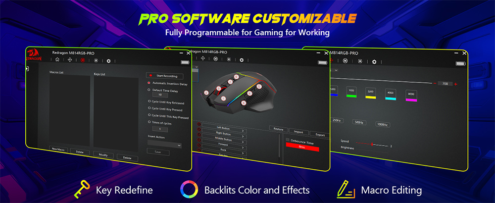 Refurbished Redragon M814RGB-PRO Dual-Mode Gaming Mouse, 2.4GHz Wireless & USB-C Wired, 8000 DPI, 9 Programmable Buttons + Rapid Fire, RGB Backlight