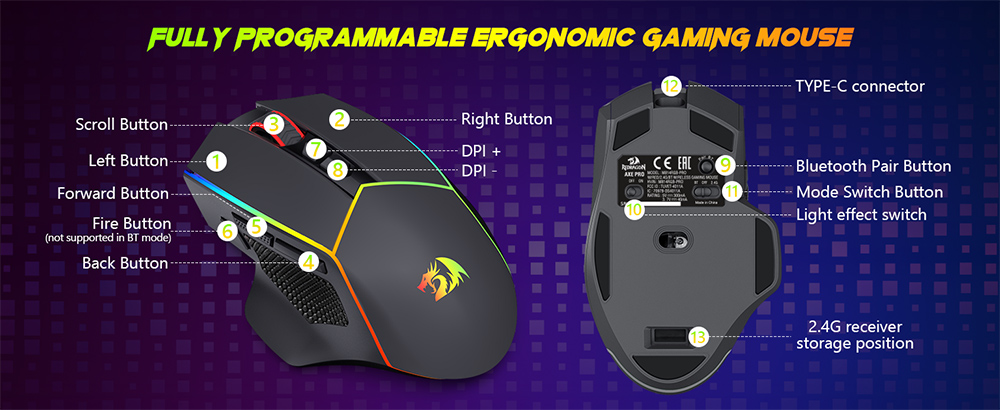 Refurbished Redragon M814RGB-PRO Dual-Mode Gaming Mouse, 2.4GHz Wireless & USB-C Wired, 8000 DPI, 9 Programmable Buttons + Rapid Fire, RGB Backlight