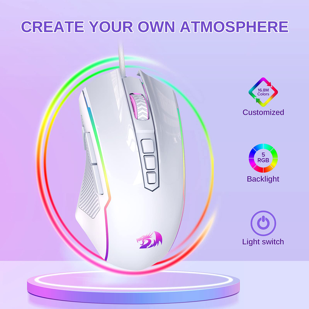 Refurbished Redragon M910-W Wired Gaming Mouse, 8000 DPI, 9 Programmable Buttons + Rapid Fire, RGB Backlight - White