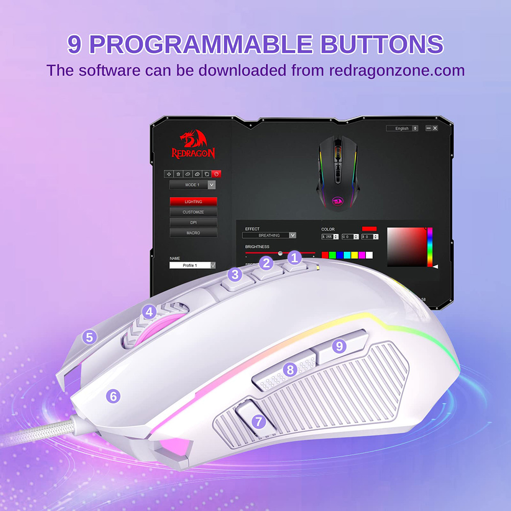 Refurbished Redragon M910-W Wired Gaming Mouse, 8000 DPI, 9 Programmable Buttons + Rapid Fire, RGB Backlight - White