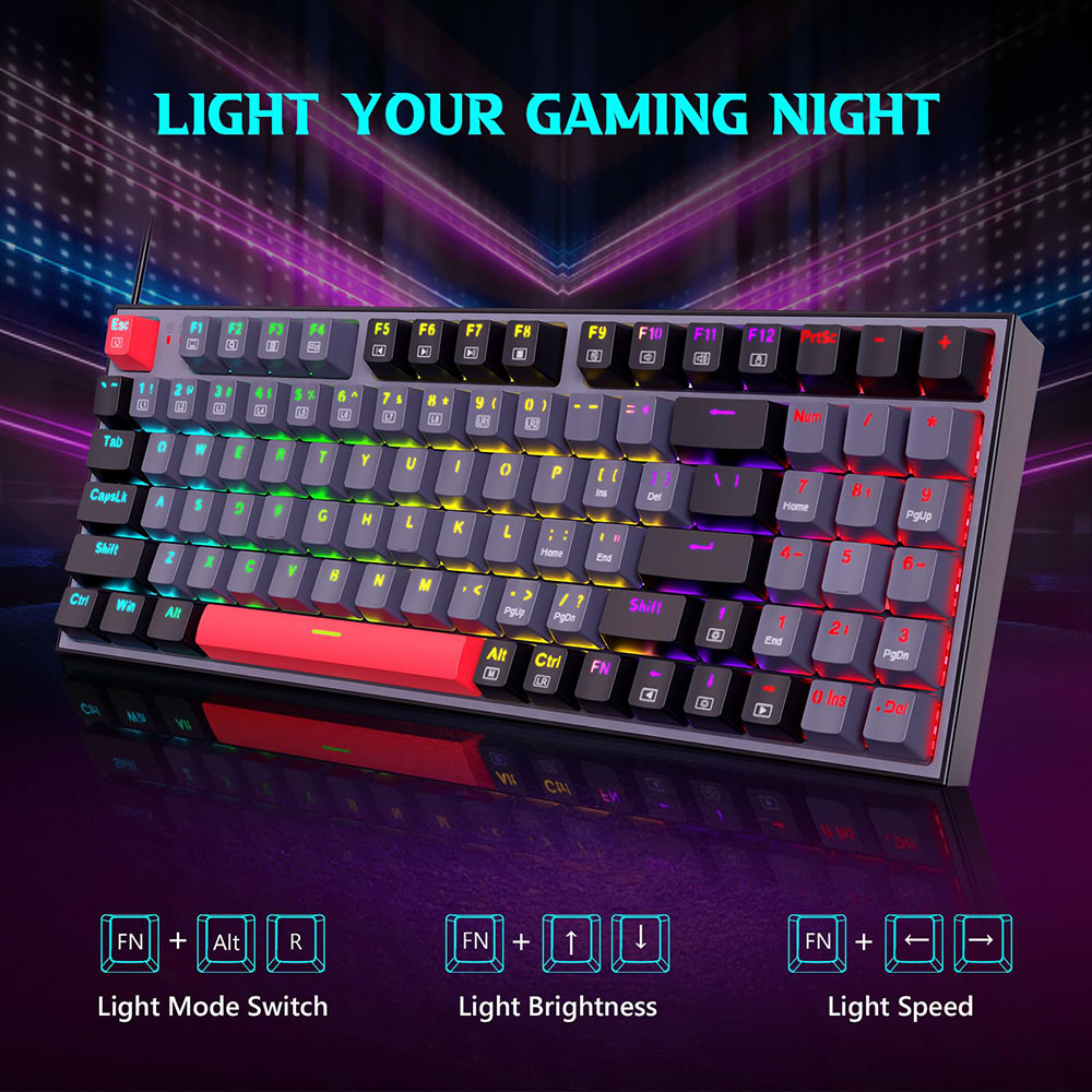 Redragon K636GLR-R Mechanical Keyboard, 94-Key with NumPad, Rainbow Backlight, Red Switch, US Layout - Black+Gray