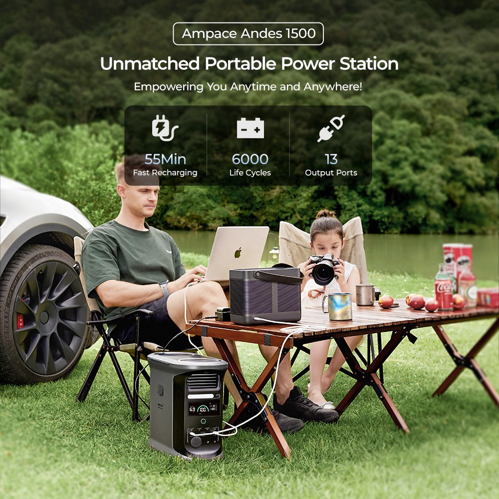 Ampace Andes 1500 Portable Power Station, 1462Wh LiFePO4 Capacity, 2400W Solar Generator, Full Charge in 55min, 13 Output Ports, 6000 Cycles, for Outdoor Camping, RVs, Home Backup