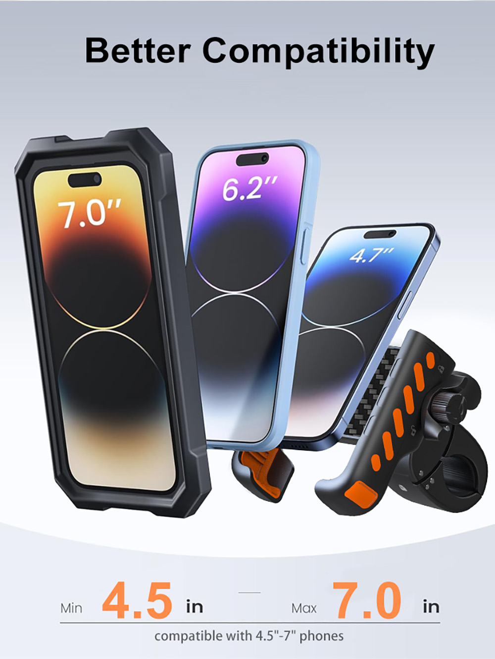 Bike Phone Holder Handlebar Clamp, Motorcycle Scooter Phone Mount Holder for 0.71-1.57'' (18-40mm) Diameter Handlebar, Compatible with 4.5''-7.0'' Phones