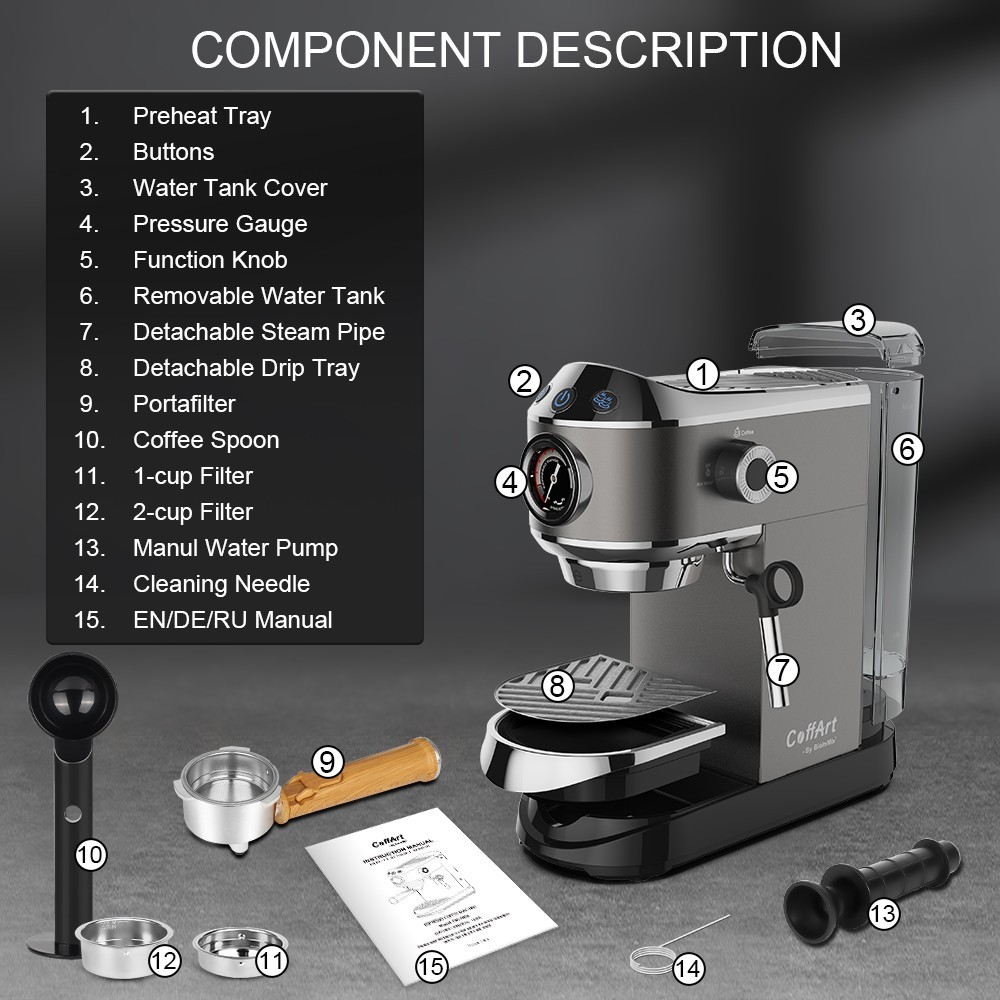 BioloMix CM7008 Semi-Automatic Espresso Coffee Maker with Milk Steam Frother Wand, 20 Bar Pressure, 1.1L Water Tank