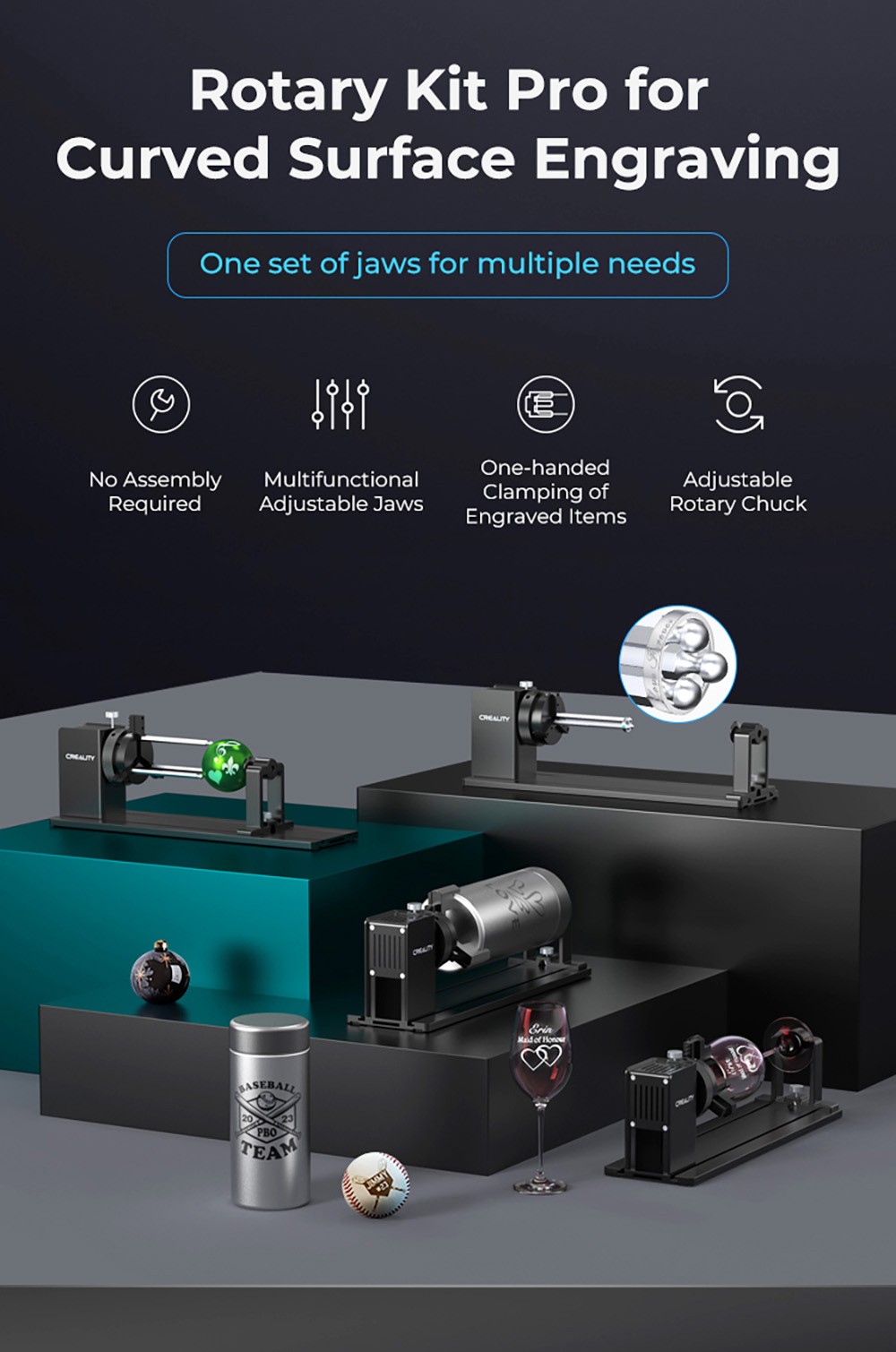 Creality Rotary Kit Pro for Curved Surface Engraving, for Creality Laser Engravers