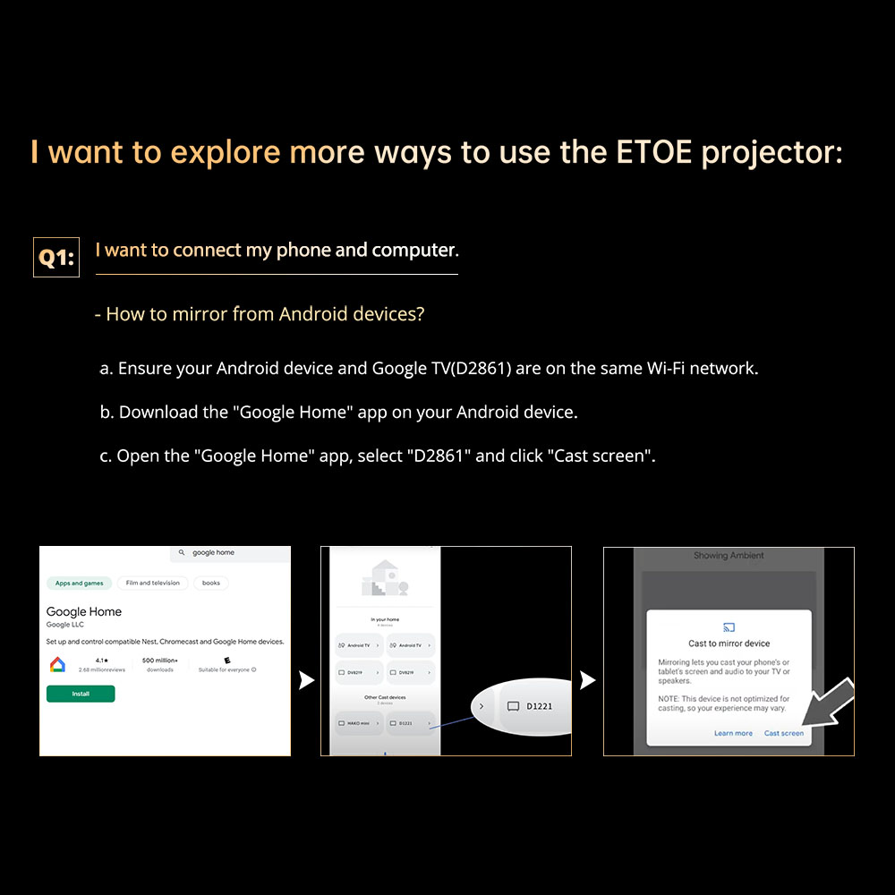 Refurbished ETOE E3 Pro Projector, Dolby Digital Plus, Native 1080P, 600 ANSI, 1.5GB+8GB, 5G WiFi, 4K Decoding, 20W Surround Sound, Seamless Autofocus, Google Assistant, with 10000+ Apps