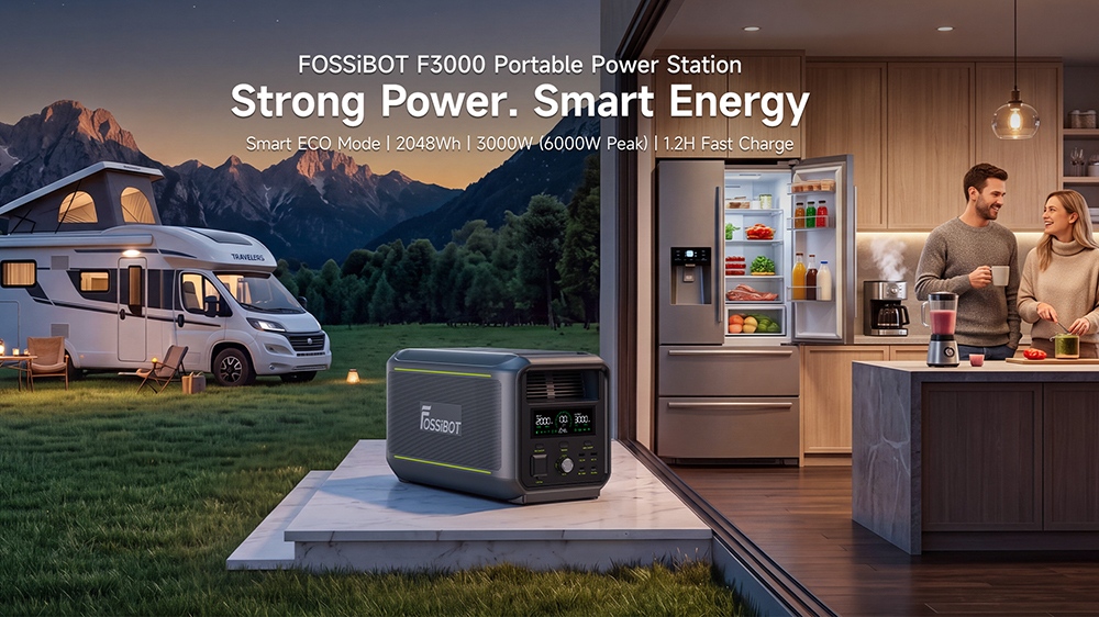 FOSSiBOT F3000 Portable Power Station, 3000W Output, 2048Wh LiFePO4 Battery, 6000W Peak Power, 2000W Fast Charging, 1200W Solar Input, <10ms UPS, 4000+ Cycles, App Remote Control