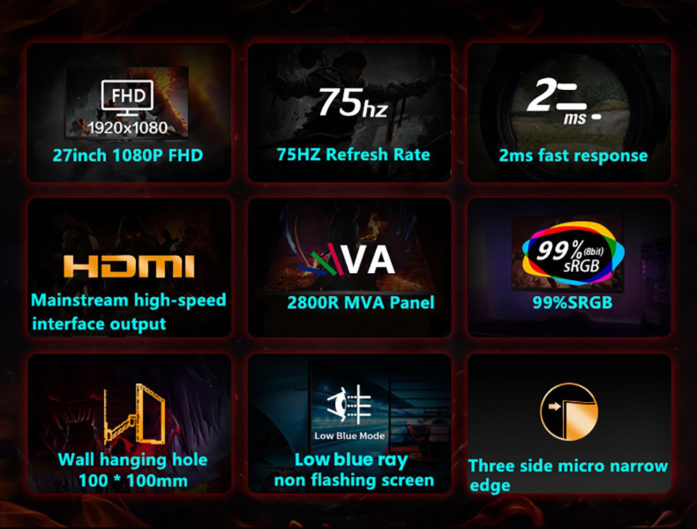 FYHXele FY27FMC-B 27-inch 2800R Curved Gaming Monitor, 1920*1080 FHD 16:9 VA Screen, 75Hz Refresh Rate, 2ms Response Time, 99% sRGB, 1*HDMI 1*VGA 1*Audio, Adjustable Tilt