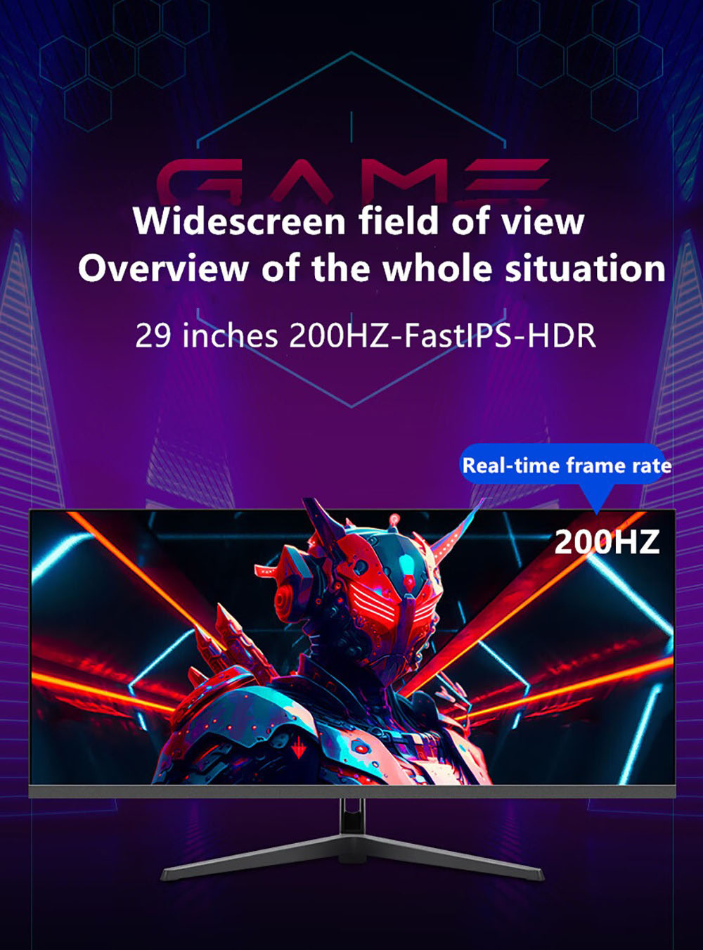 FYHXele FY29Q2H 29-inch Monitor, 2560*1080 WFHD 21:9 IPS Screen, 200Hz Refresh Rate, 1ms Response Time, 100% sRGB, 1000:1 Contrast, FreeSync & G-Sync Compatible, HDR, Game Plus, 2*DP1.4 2*HDMI 2.1 1*Audio, Dual Speakers, Tilt Adjustment & VESA Mount