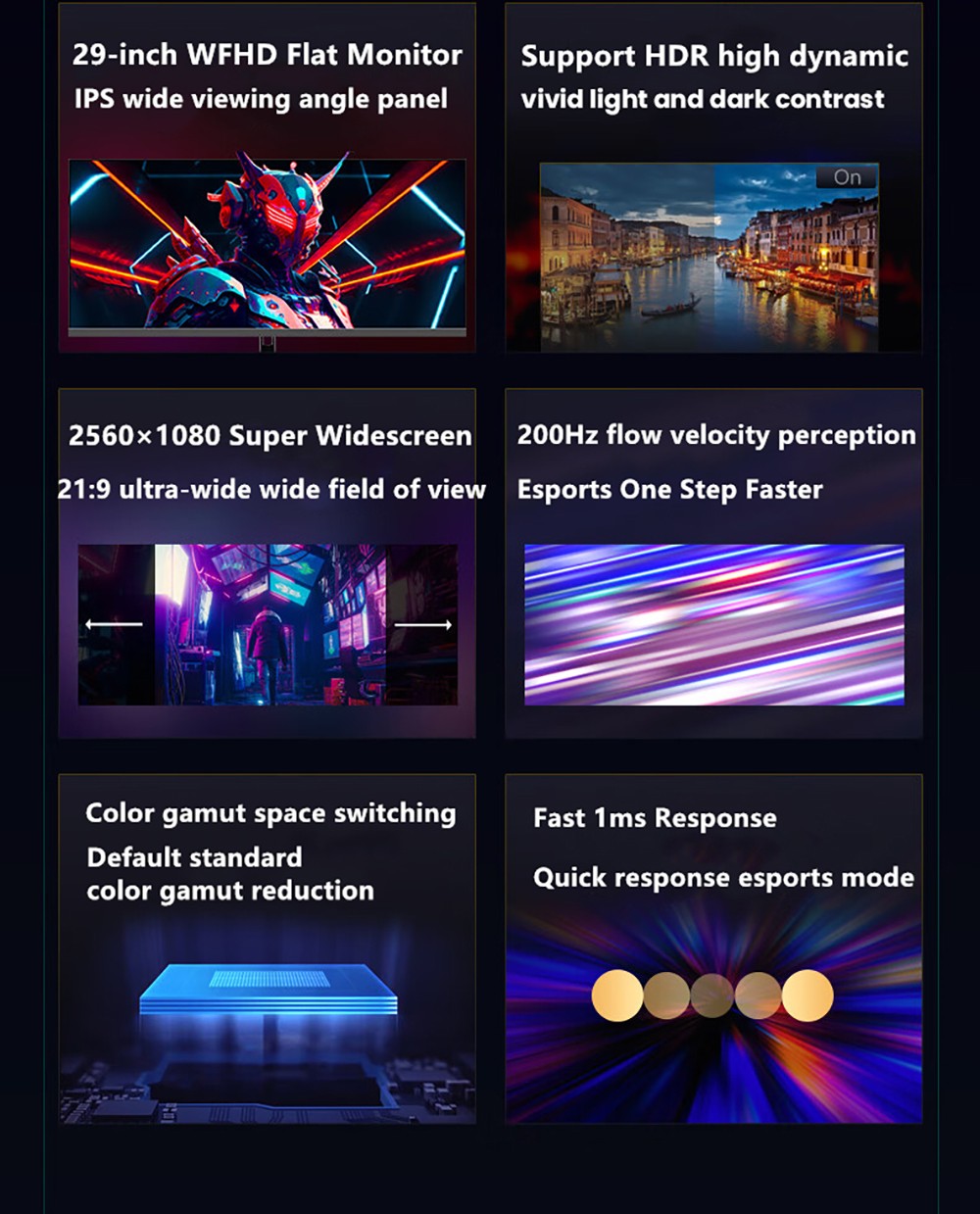 FYHXele FY29Q2H 29-inch Monitor, 2560*1080 WFHD 21:9 IPS Screen, 200Hz Refresh Rate, 1ms Response Time, 100% sRGB, 1000:1 Contrast, FreeSync & G-Sync Compatible, HDR, Game Plus, 2*DP1.4 2*HDMI 2.1 1*Audio, Dual Speakers, Tilt Adjustment & VESA Mount