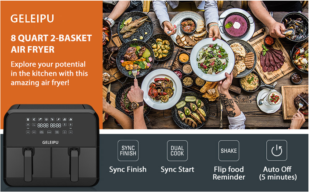 GELEIPU DL28 8 Quarts Air Fryer, 8 Cooking Presets, Dual Nonstick & Dishwasher-safe Basket, 5mins Auto Off, 1700W Power, Air Fry, Roast, Bake, Dehydrate, Digital Touchscreen - Black