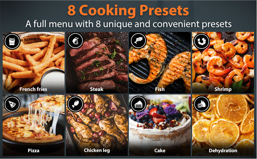 GELEIPU DL28 8 Quarts Air Fryer, 8 Cooking Presets, Dual Nonstick & Dishwasher-safe Basket, 5mins Auto Off, 1700W Power, Air Fry, Roast, Bake, Dehydrate, Digital Touchscreen - Black