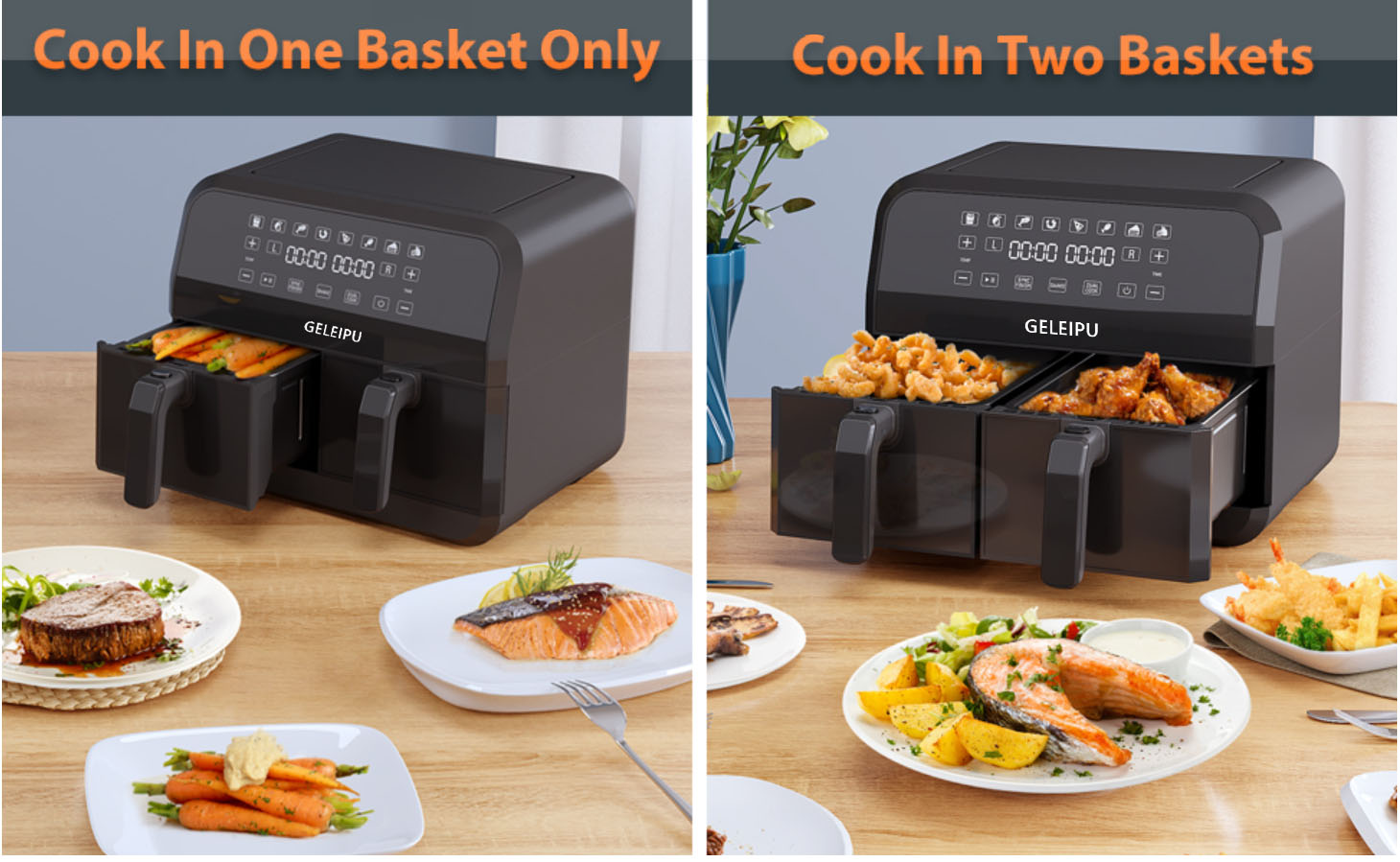 GELEIPU DL28 8 Quarts Air Fryer, 8 Cooking Presets, Dual Nonstick & Dishwasher-safe Basket, 5mins Auto Off, 1700W Power, Air Fry, Roast, Bake, Dehydrate, Digital Touchscreen - Black