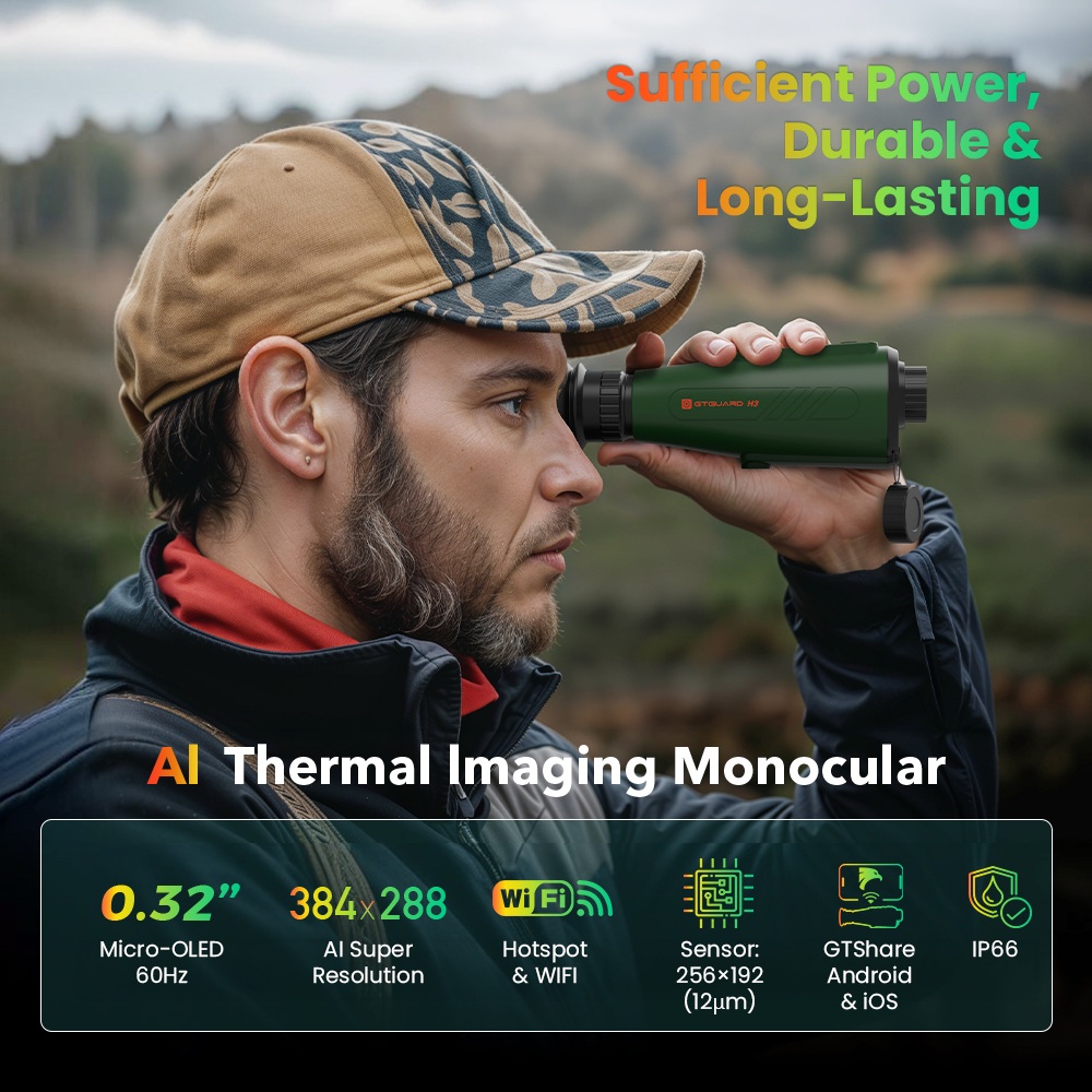 GTGUARD H3 Thermal Imaging Monocular, 256×192 Resolution, 384×288 AI Super Resolution, ≤40mK NETD, 800×600 Micro-OLED, 15mm Lens, 8× Digital Zoom, 50Hz, 4000mAh Battery, 10H Runtime, IP66
