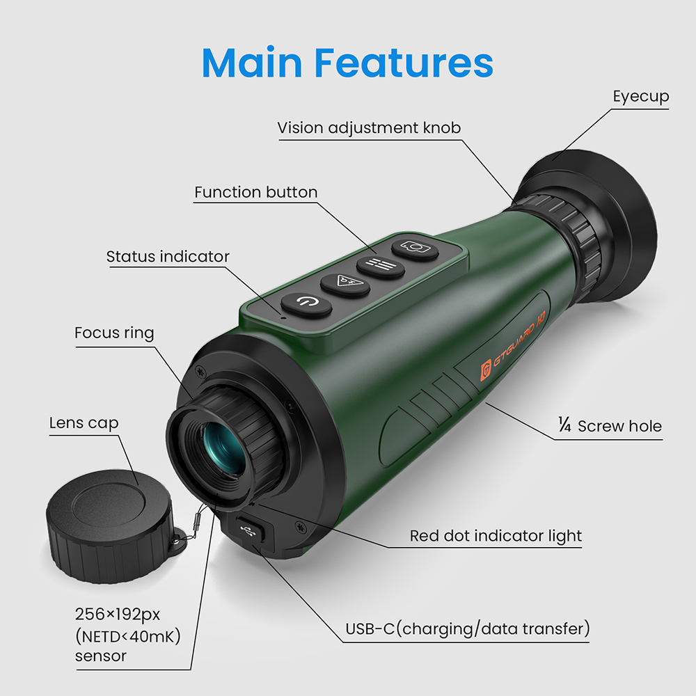 GTGUARD H3 Thermal Imaging Monocular, 256×192 Resolution, 384×288 AI Super Resolution, ≤40mK NETD, 800×600 Micro-OLED, 15mm Lens, 8× Digital Zoom, 50Hz, 4000mAh Battery, 10H Runtime, IP66