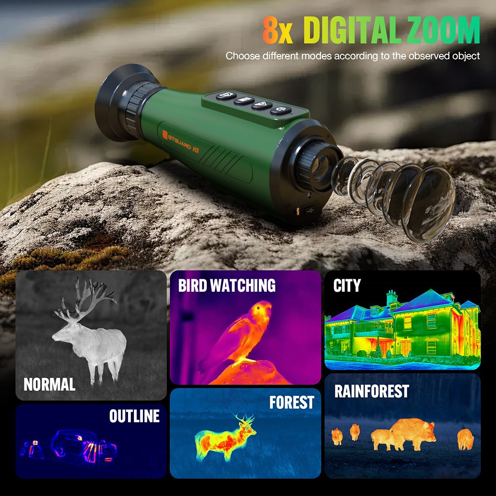 GTGUARD H3 Thermal Imaging Monocular, 256×192 Resolution, 384×288 AI Super Resolution, ≤40mK NETD, 800×600 Micro-OLED, 15mm Lens, 8× Digital Zoom, 50Hz, 4000mAh Battery, 10H Runtime, IP66