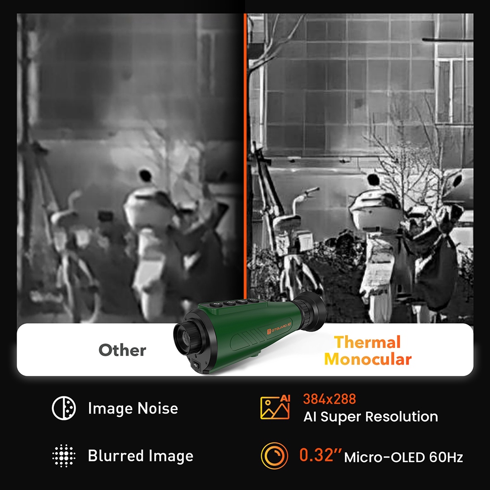 GTGUARD H3 Thermal Imaging Monocular, 256×192 Resolution, 384×288 AI Super Resolution, ≤40mK NETD, 800×600 Micro-OLED, 15mm Lens, 8× Digital Zoom, 50Hz, 4000mAh Battery, 10H Runtime, IP66