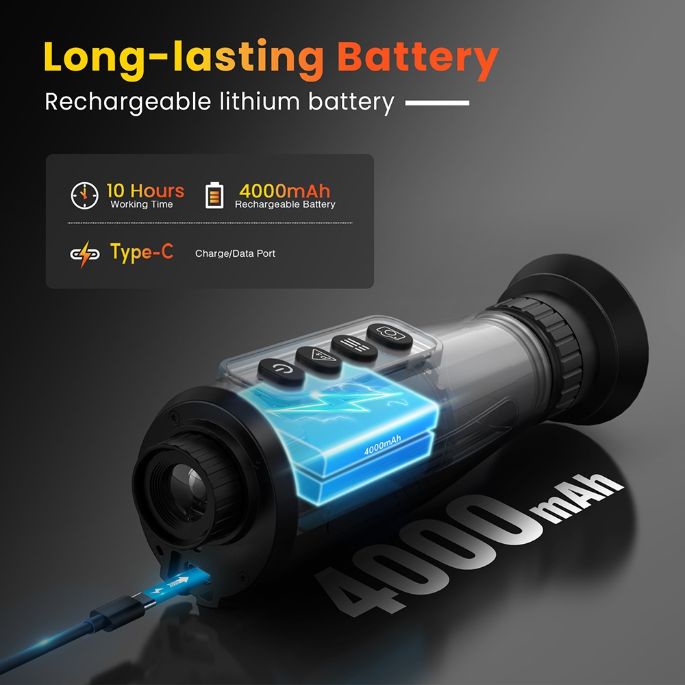 GTGUARD H3 Thermal Imaging Monocular, 256×192 Resolution, 384×288 AI Super Resolution, ≤40mK NETD, 800×600 Micro-OLED, 15mm Lens, 8× Digital Zoom, 50Hz, 4000mAh Battery, 10H Runtime, IP66