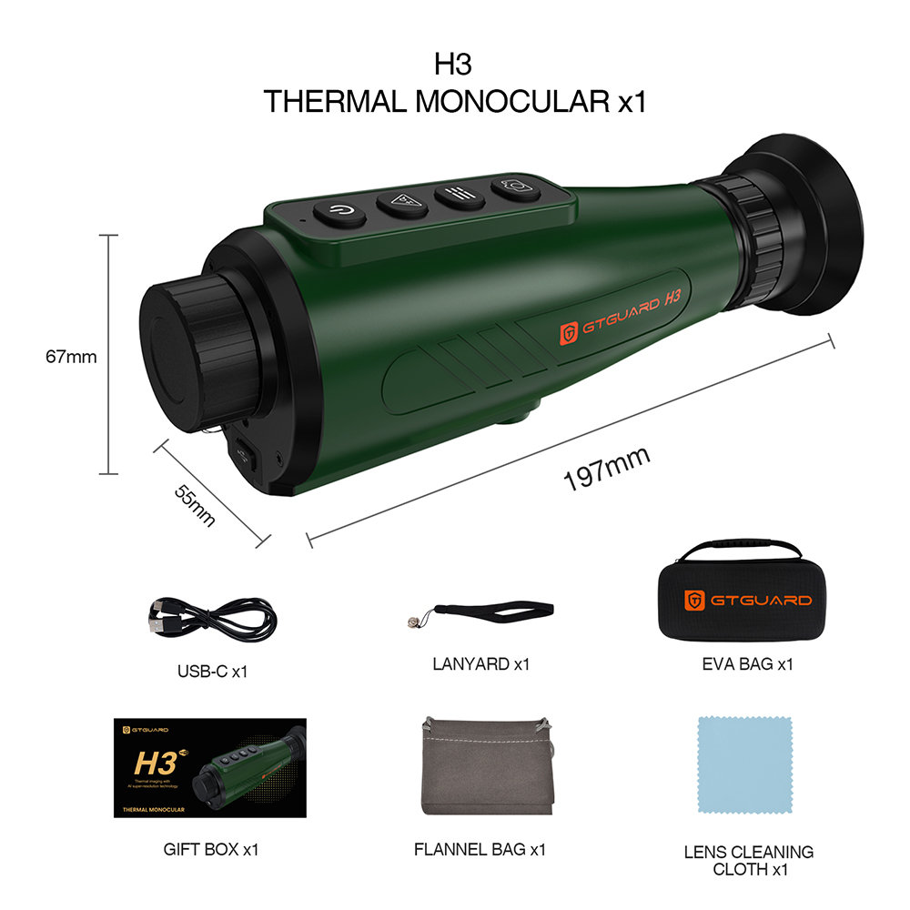 GTGUARD H3 Thermal Imaging Monocular, 256×192 Resolution, 384×288 AI Super Resolution, ≤40mK NETD, 800×600 Micro-OLED, 15mm Lens, 8× Digital Zoom, 50Hz, 4000mAh Battery, 10H Runtime, IP66