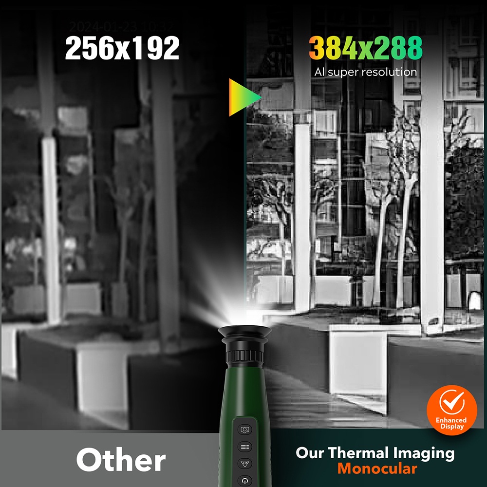 GTGUARD H3 Thermal Imaging Monocular, 256×192 Resolution, 384×288 AI Super Resolution, ≤40mK NETD, 800×600 Micro-OLED, 15mm Lens, 8× Digital Zoom, 50Hz, 4000mAh Battery, 10H Runtime, IP66