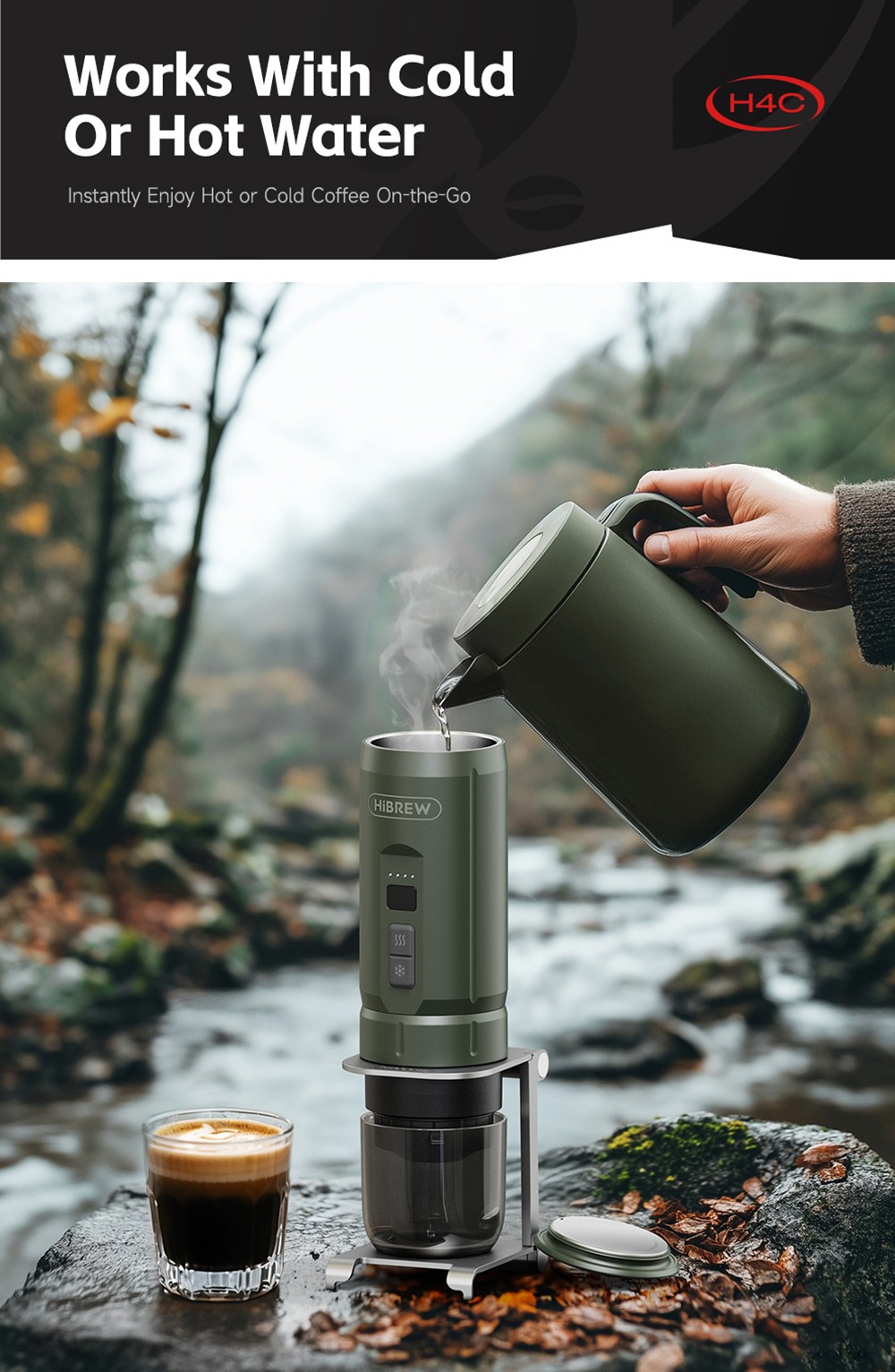 HIBREW H4C Portable Espresso Maker, Handheld Manual Coffee Machine for Camping, Travel & Home Use, Green - Explorer