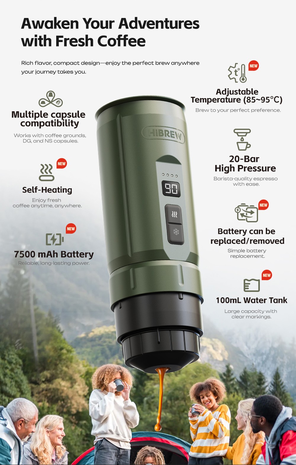 HIBREW H4C Portable Espresso Maker, Handheld Manual Coffee Machine for Camping, Travel & Home Use, Green - Explorer