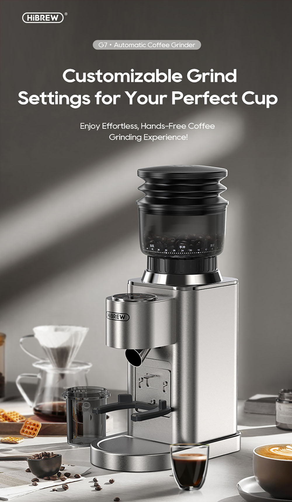 HiBREW G7 Coffee Grinder, 48 Grind Settings, Anti-Static Technology, Stainless Steel Conical Burr, Touch Panel, Compatible with 51/54/58mm Portafilters, Hands-Free Coffee Grinding, Silver