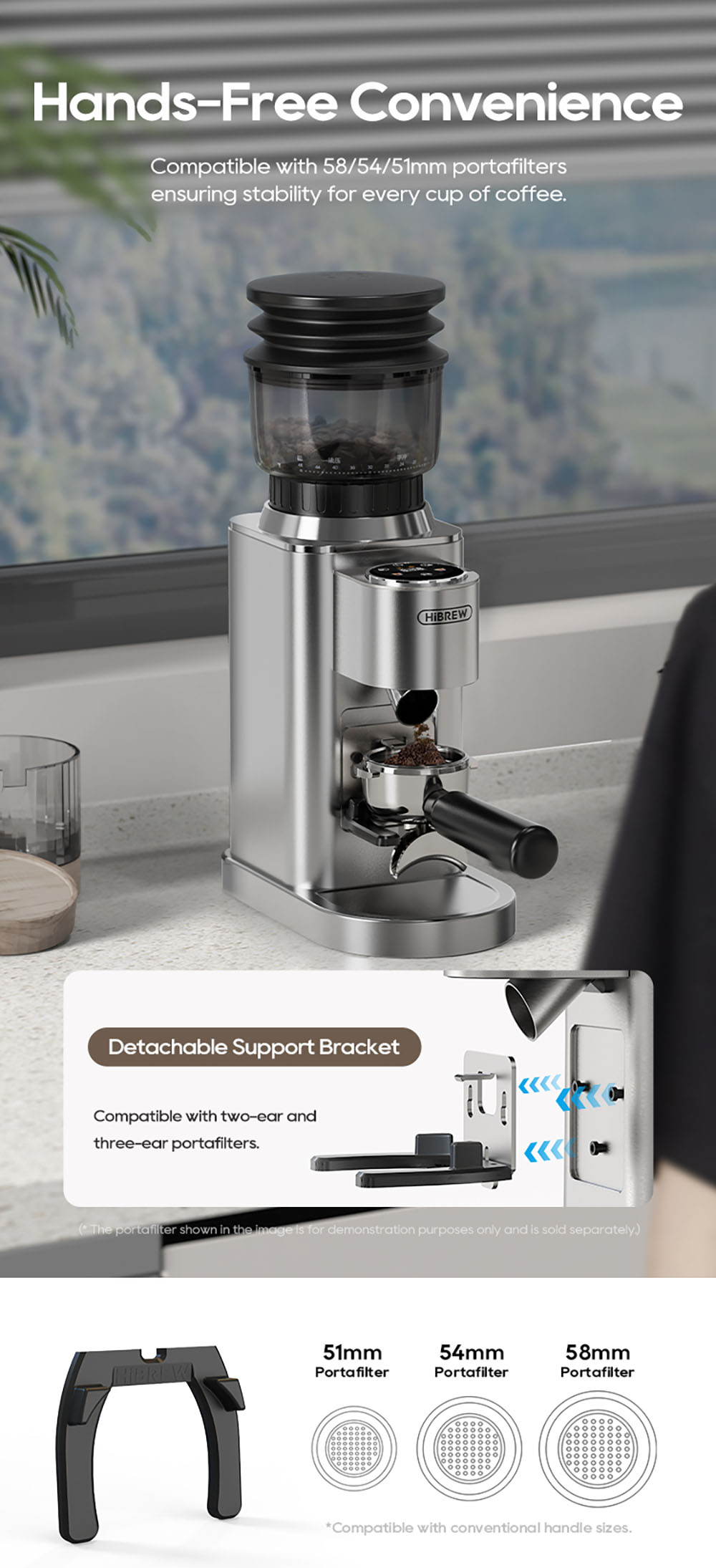 HiBREW G7 Coffee Grinder, 48 Grind Settings, Anti-Static Technology, Stainless Steel Conical Burr, Touch Panel, Compatible with 51/54/58mm Portafilters, Hands-Free Coffee Grinding, Silver