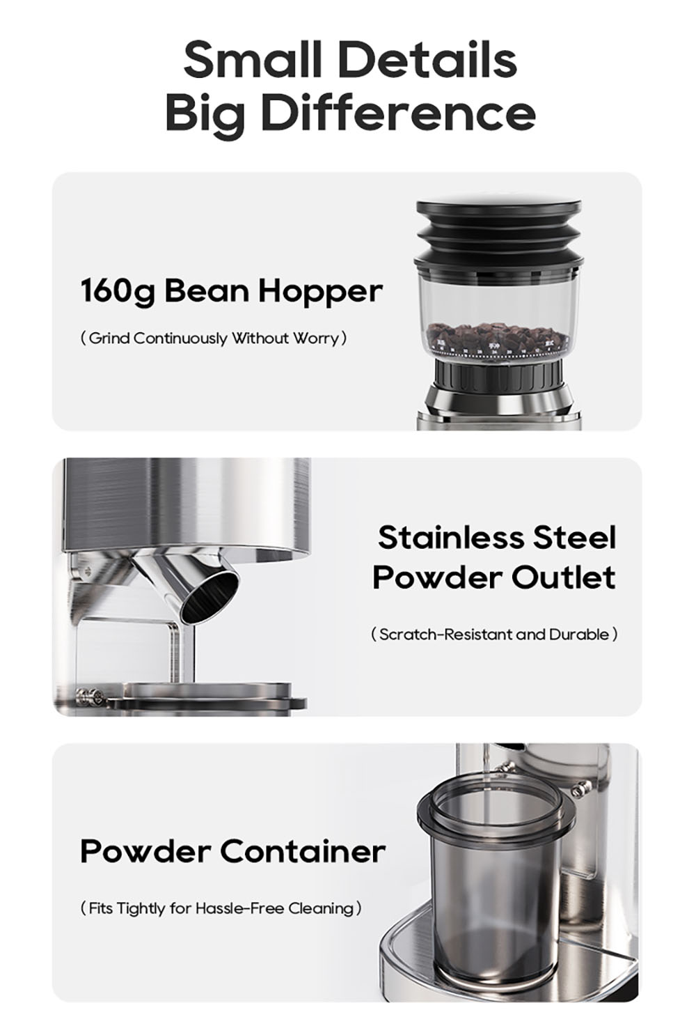 HiBREW G7 Coffee Grinder, 48 Grind Settings, Anti-Static Technology, Stainless Steel Conical Burr, Touch Panel, Compatible with 51/54/58mm Portafilters, Hands-Free Coffee Grinding, Silver