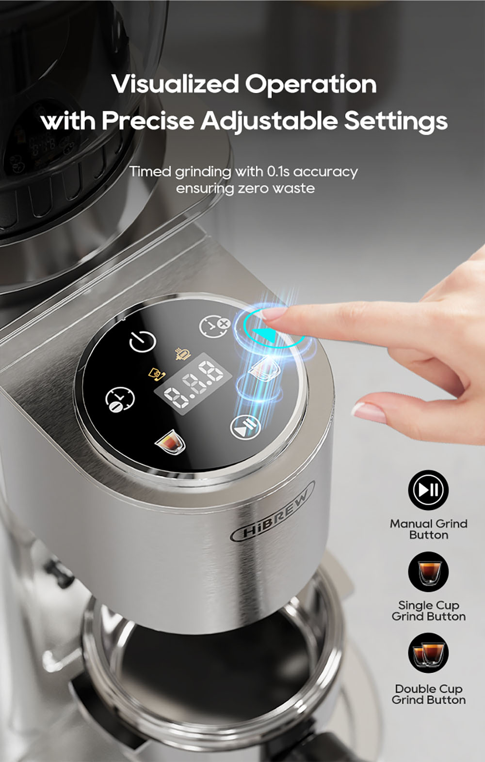 HiBREW G7 Coffee Grinder, 48 Grind Settings, Anti-Static Technology, Stainless Steel Conical Burr, Touch Panel, Compatible with 51/54/58mm Portafilters, Hands-Free Coffee Grinding, Silver