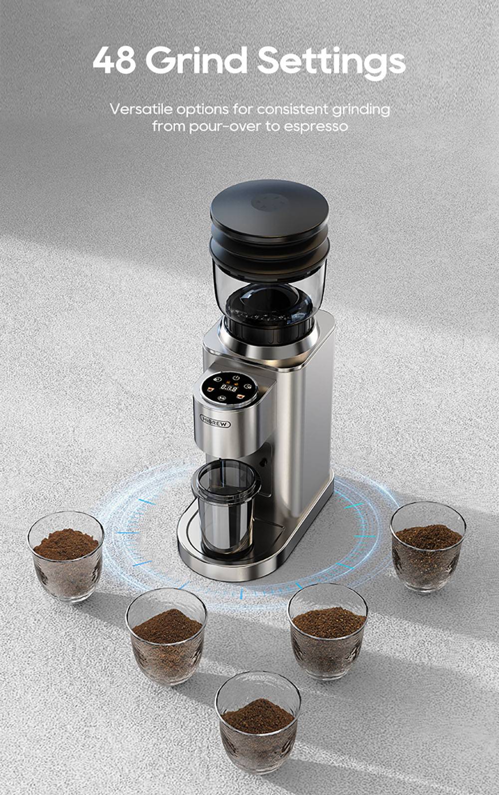HiBREW G7 Coffee Grinder, 48 Grind Settings, Anti-Static Technology, Stainless Steel Conical Burr, Touch Panel, Compatible with 51/54/58mm Portafilters, Hands-Free Coffee Grinding, Silver