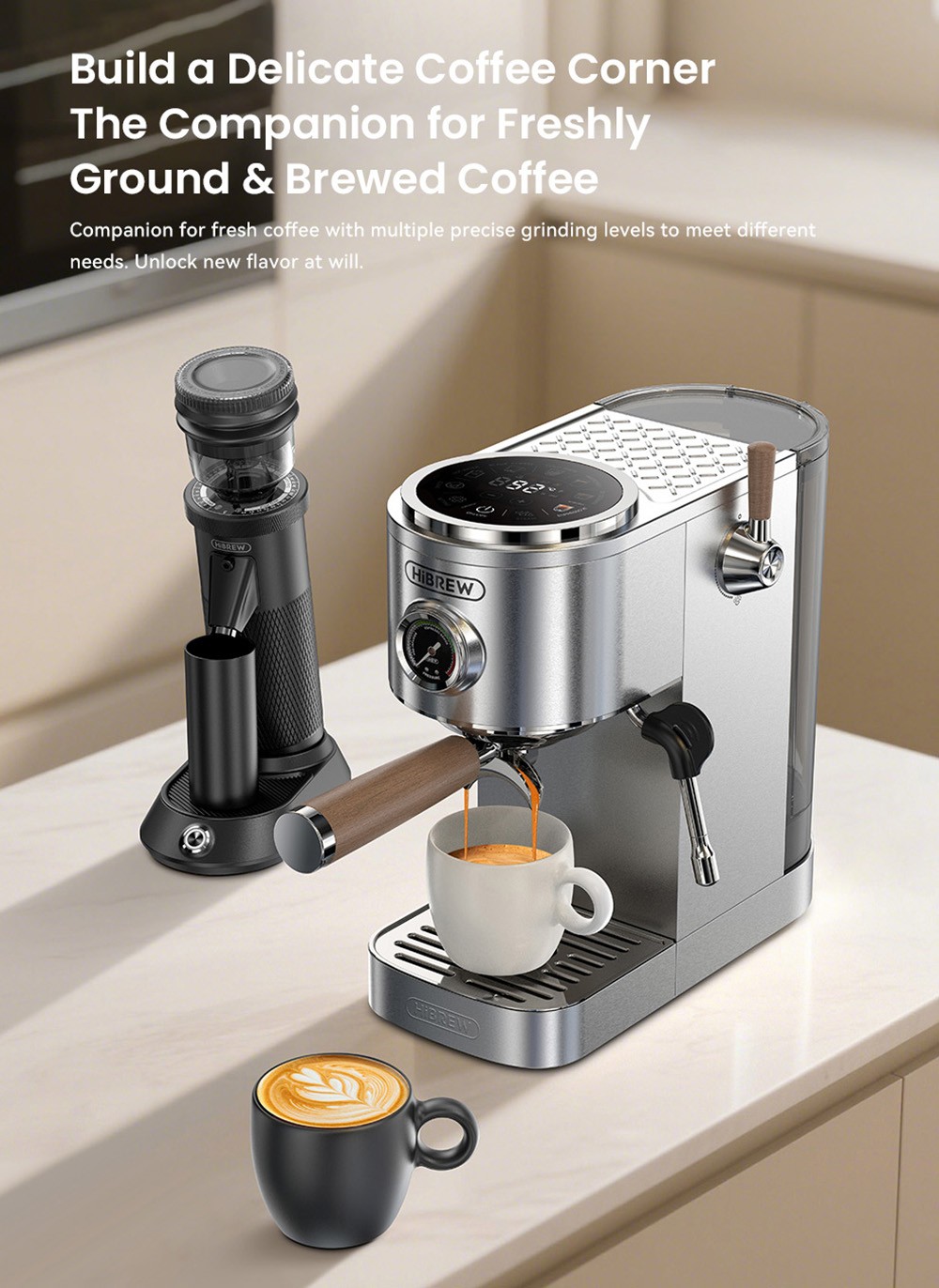 HiBREW H13 Semi-automatic Coffee Machine, Touchscreen, 20 Bar Pressure, Multi-function Brewing Modes, Adjustable Drip Tray - Silver
