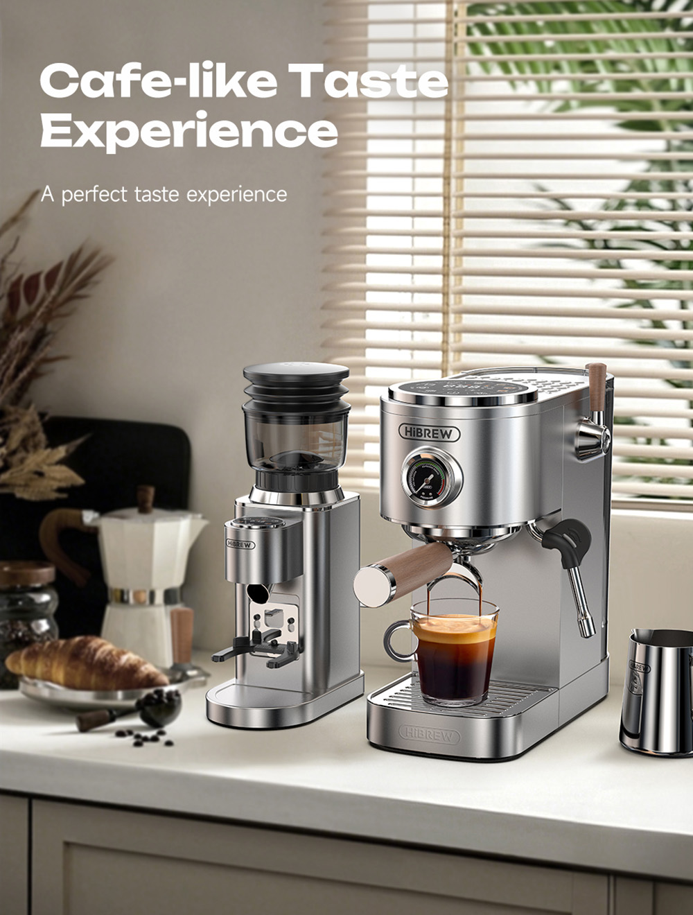 HiBREW H13 Semi-automatic Coffee Machine, Touchscreen, 20 Bar Pressure, Multi-function Brewing Modes, Adjustable Drip Tray - Silver