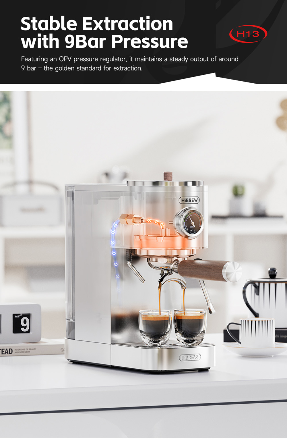 HiBREW H13 Semi-automatic Coffee Machine, Touchscreen, 20 Bar Pressure, Multi-function Brewing Modes, Adjustable Drip Tray - Silver