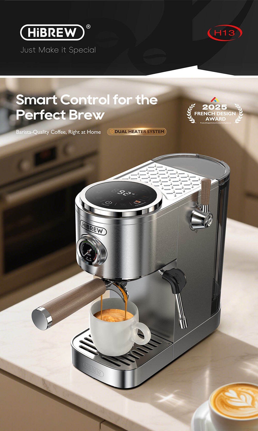 HiBREW H13 Semi-automatic Coffee Machine, Touchscreen, 20 Bar Pressure, Multi-function Brewing Modes, Adjustable Drip Tray - Silver