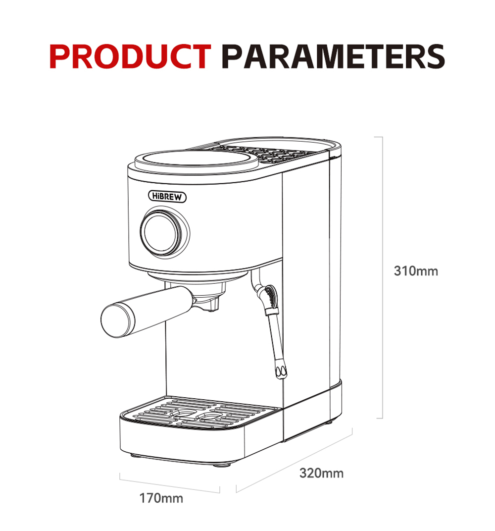 HiBREW H13 Semi-automatic Coffee Machine, Touchscreen, 20 Bar Pressure, Multi-function Brewing Modes, Adjustable Drip Tray - Silver