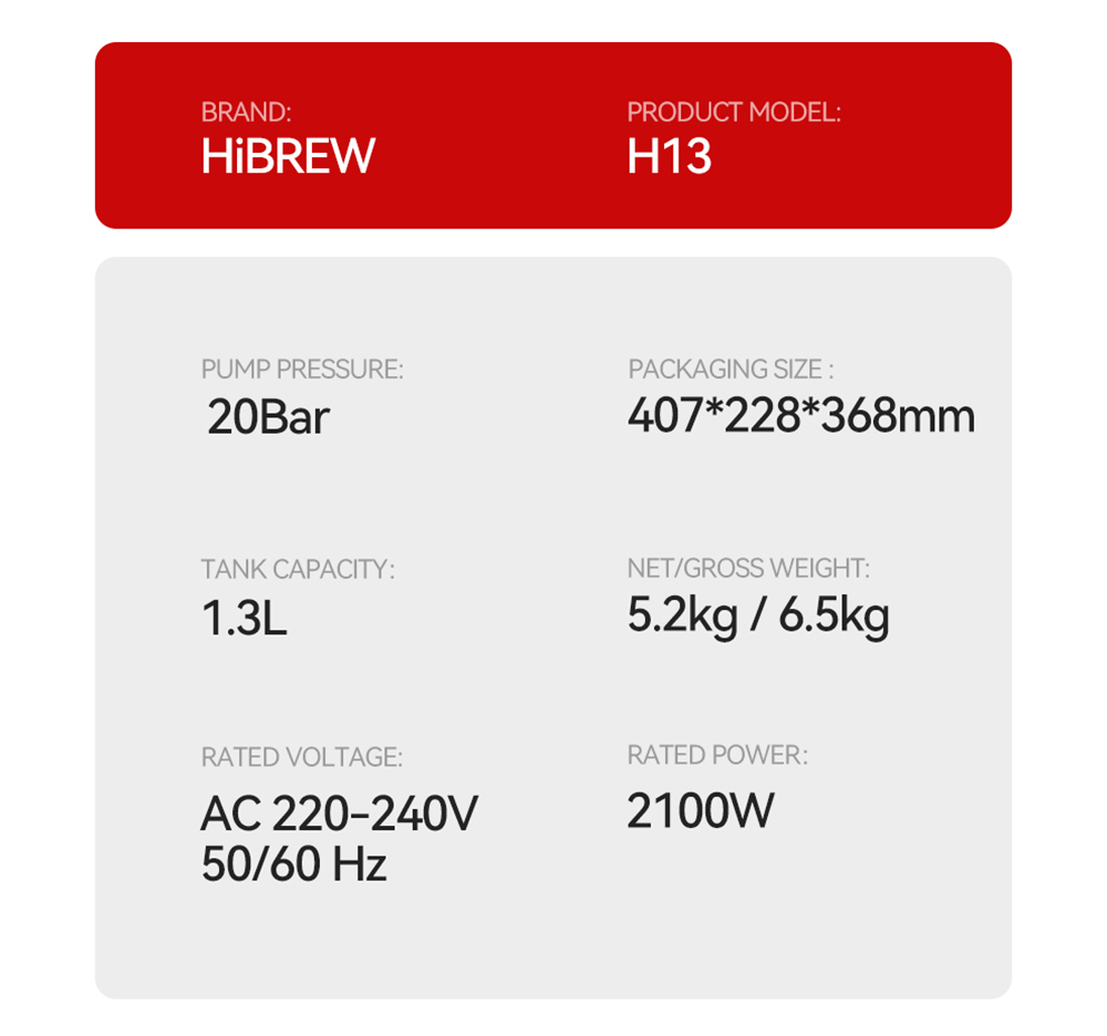 HiBREW H13 Semi-automatic Coffee Machine, Touchscreen, 20 Bar Pressure, Multi-function Brewing Modes, Adjustable Drip Tray - Silver