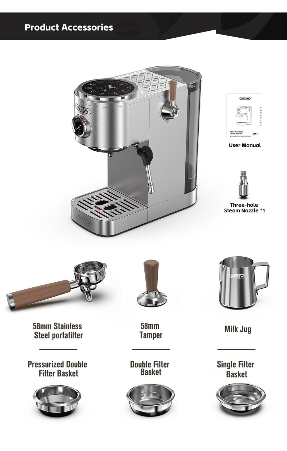 HiBREW H13 Semi-automatic Coffee Machine, Touchscreen, 20 Bar Pressure, Multi-function Brewing Modes, Adjustable Drip Tray - Silver