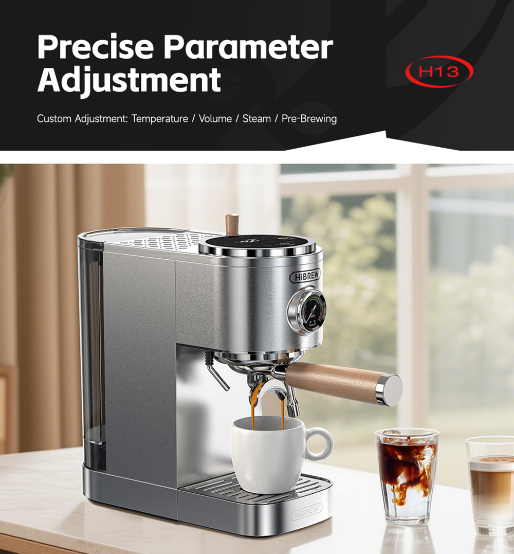 HiBREW H13 Semi-automatic Coffee Machine, Touchscreen, 20 Bar Pressure, Multi-function Brewing Modes, Adjustable Drip Tray - Silver