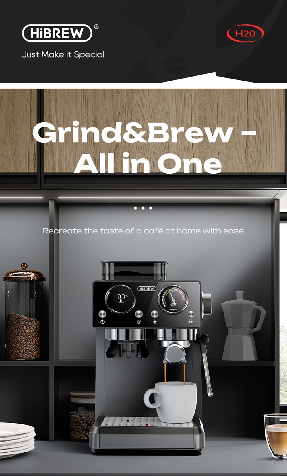 HiBREW H20 All-in-One Coffee Machine with Built-in Grinder, Dual Hot & Cold Extraction, 20-Bar Pressure, 20-Level Grind Adjustment, Steam Wand for Latte, 1.4L Water Tank, Smart Touch Control
